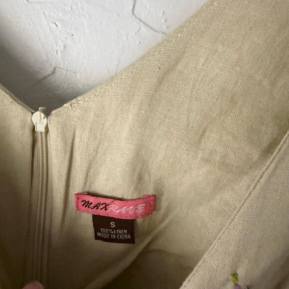 Y2K Max Rave‎ Beige Linen Mini Dress S Embroidered Floral Cottagecore - Picture 5 of 10